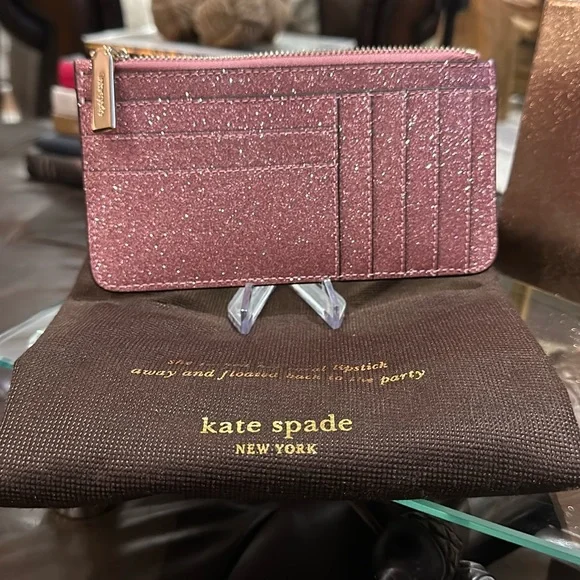 Authentic ♠️ Kate Spade NY Large Slim Cardholder in Glitter Mixed Mitten Pink